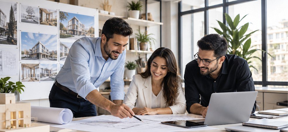 Équipe de professionnels de l’architecture travaillant ensemble dans une agence contemporaine