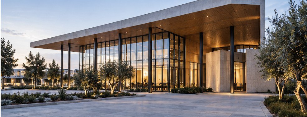 Bâtiment contemporain et aménagement paysager