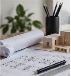 Plans d’architecture, maquettes et outils de conception sur une table de travail